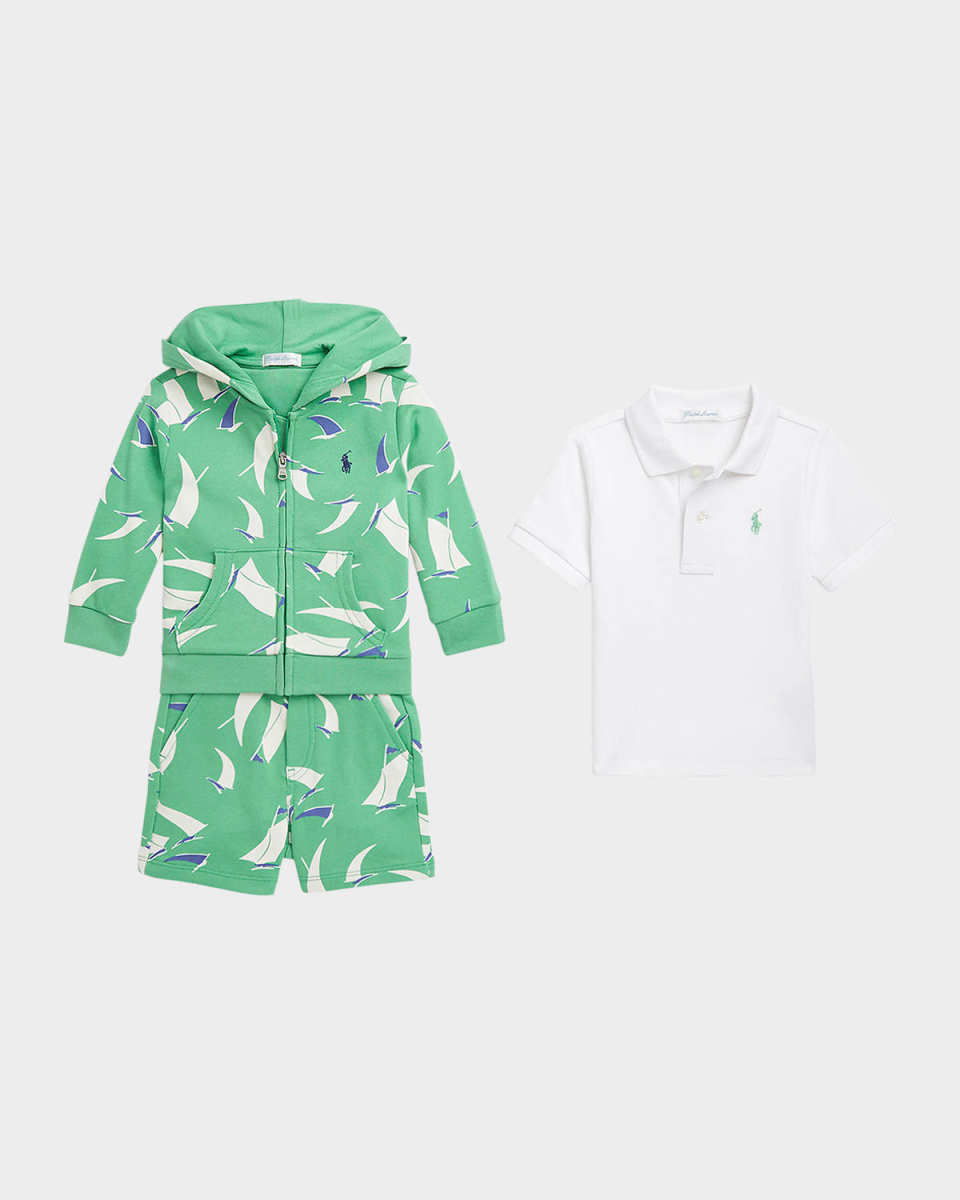 Boy's Sail-Boat Printed Three-Piece Set, Size 3M-